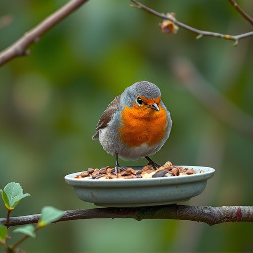 Robin feeding from low dish of suet