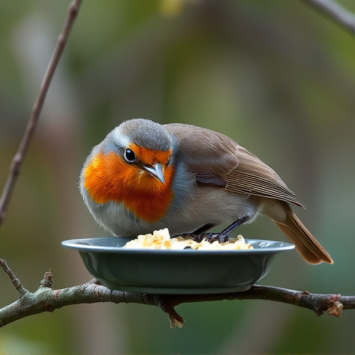 Robin feeding from low dish of suet