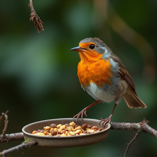 Robin feeding from low dish of suet