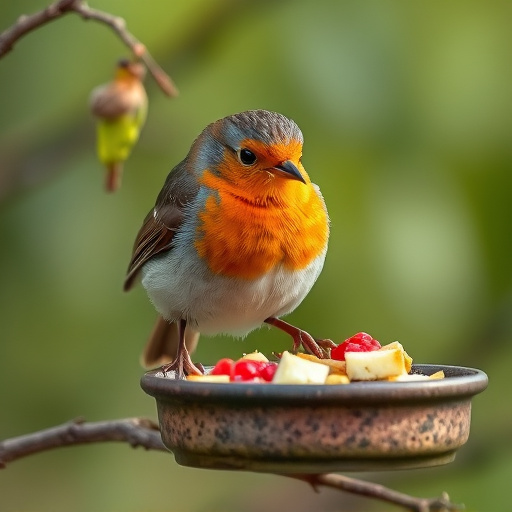 Robin feeding from low dish of suet