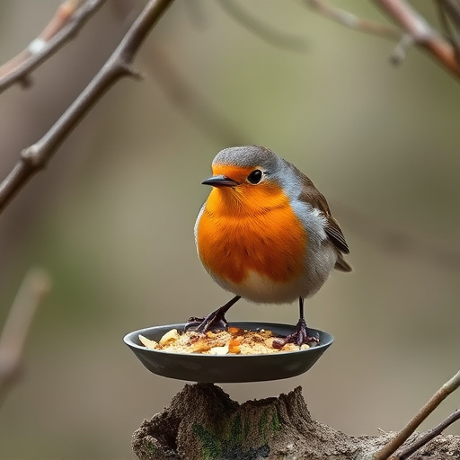 Robin feeding from low dish of suet