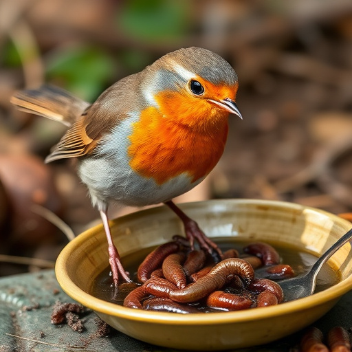 Robin feeding on mealworms in dish