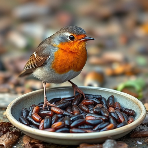 Robin feeding on mealworms in dish
