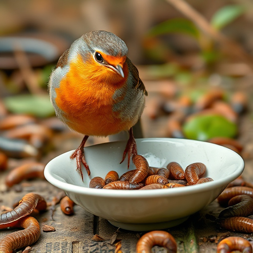 Robin feeding on mealworms in dish