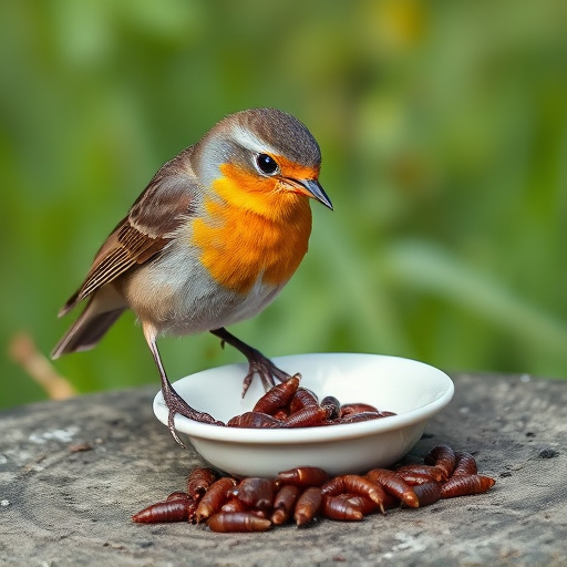 Robin feeding on mealworms in dish