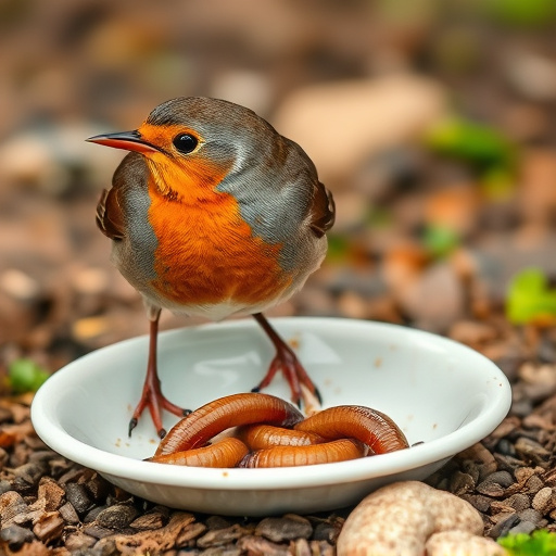 Robin feeding on mealworms in dish