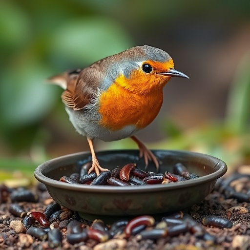 Robin feeding on mealworms in dish
