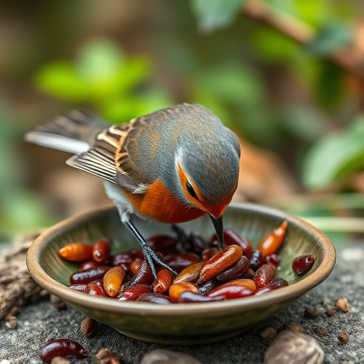 Robin feeding on mealworms in dish