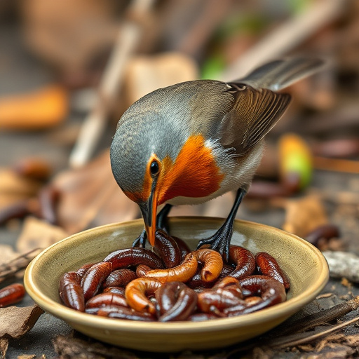 Robin feeding on mealworms in dish