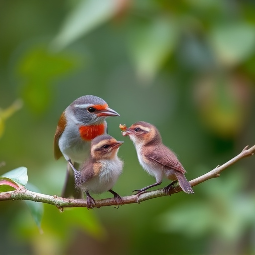 Robin feeding young with insects