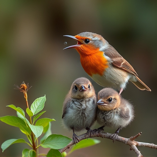 Robin feeding young with insects