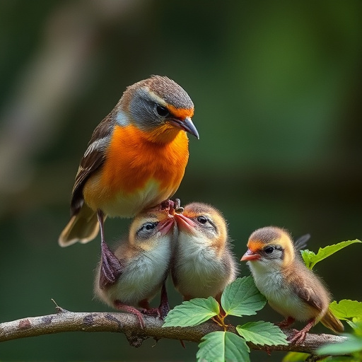 Robin feeding young with insects