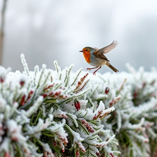Robin flying across frosty winter hedge