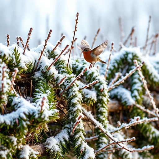 Robin flying across frosty winter hedge