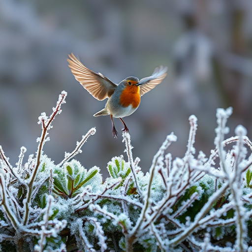 Robin flying across frosty winter hedge