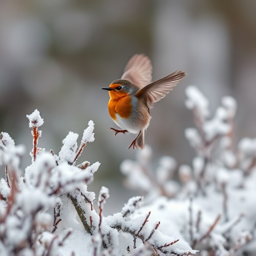 Robin flying across frosty winter hedge