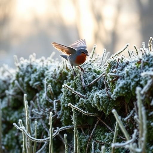 Robin flying across frosty winter hedge