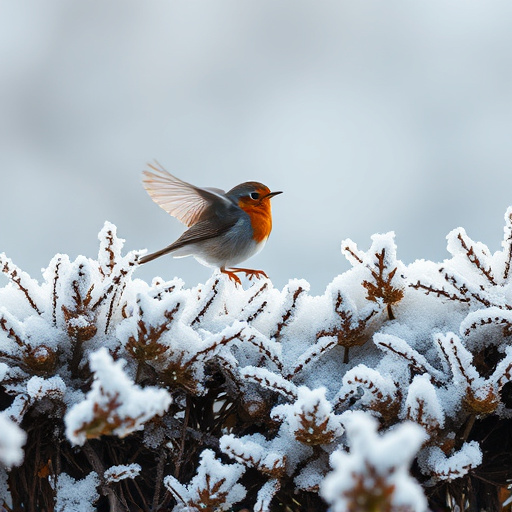 Robin flying across frosty winter hedge
