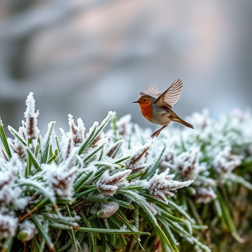 Robin flying across frosty winter hedge
