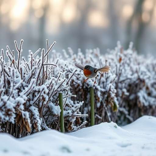 Robin flying across frosty winter hedge