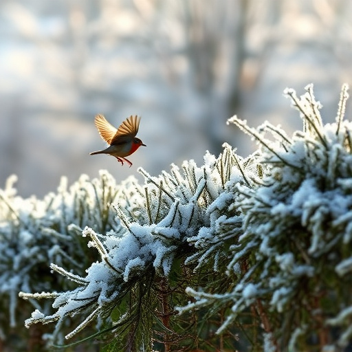 Robin flying across frosty winter hedge