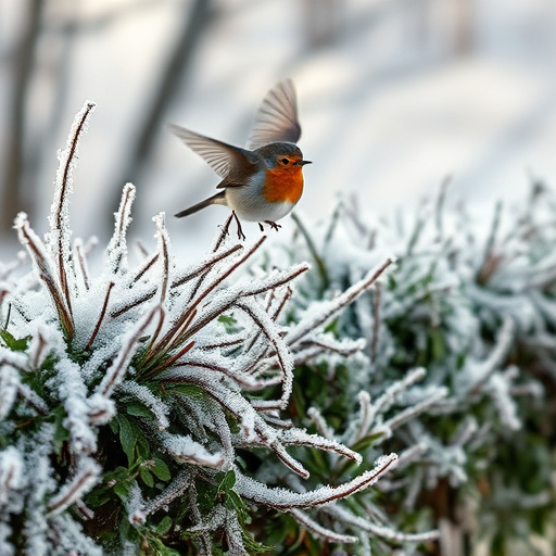 Robin flying across frosty winter hedge