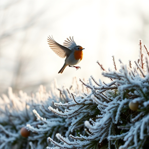 Robin flying across frosty winter hedge