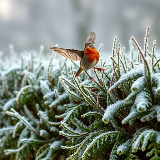 Robin flying across frosty winter hedge