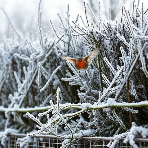 Robin flying across frosty winter hedge
