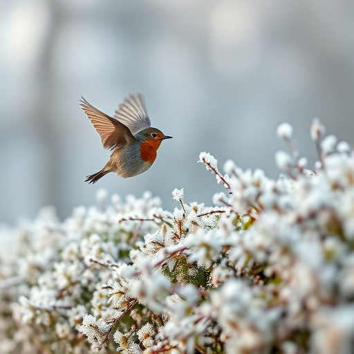 Robin flying across frosty winter hedge