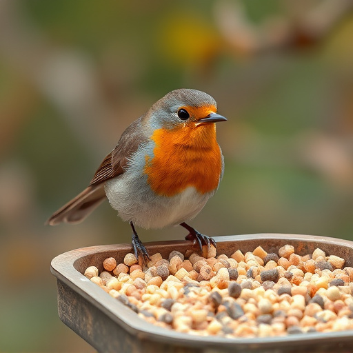 Robin near tray of suet pellets