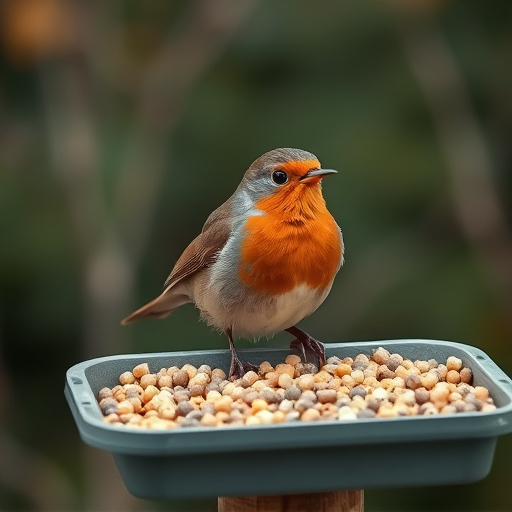 Robin near tray of suet pellets