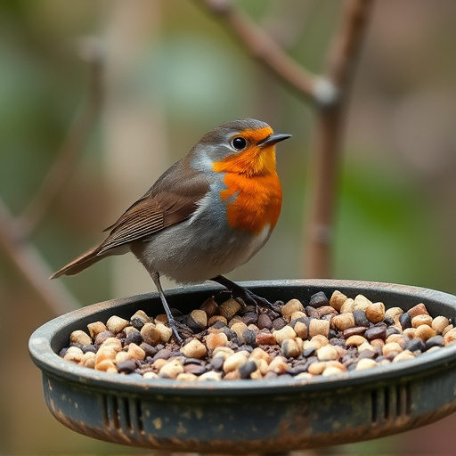 Robin near tray of suet pellets