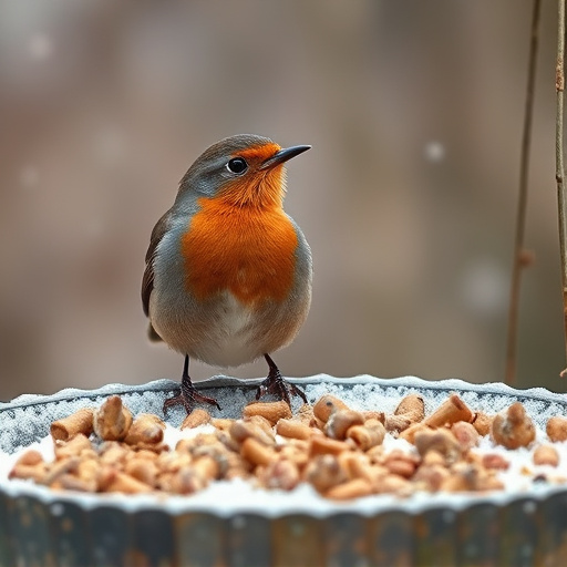 Robin near tray of suet pellets