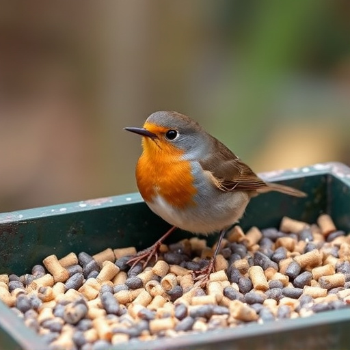 Robin near tray of suet pellets
