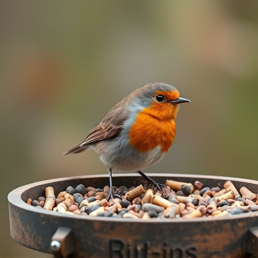 Robin near tray of suet pellets