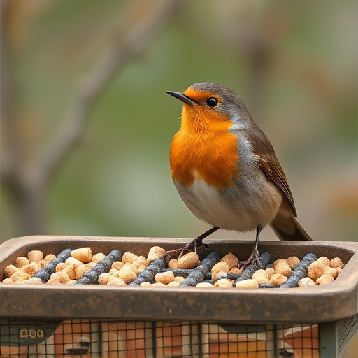 Robin near tray of suet pellets