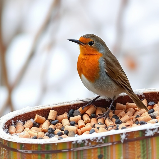 Robin near tray of suet pellets