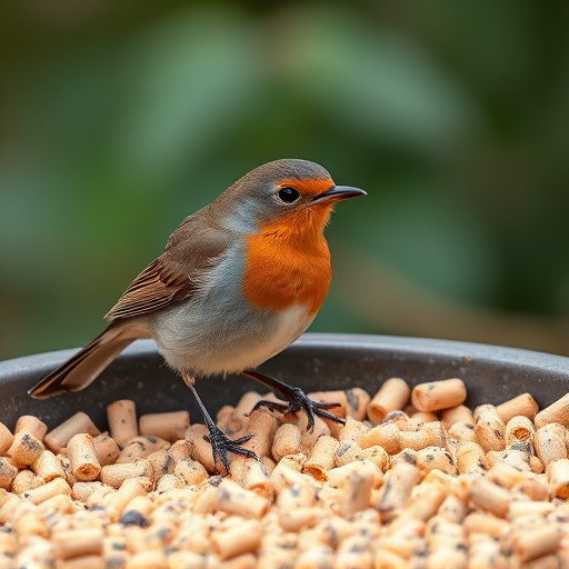 Robin near tray of suet pellets