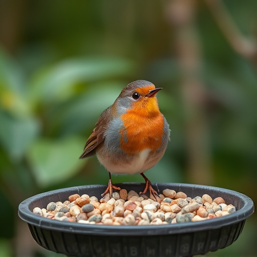 Robin near tray of suet pellets