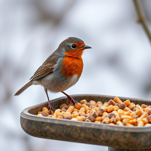 Robin near tray of suet pellets
