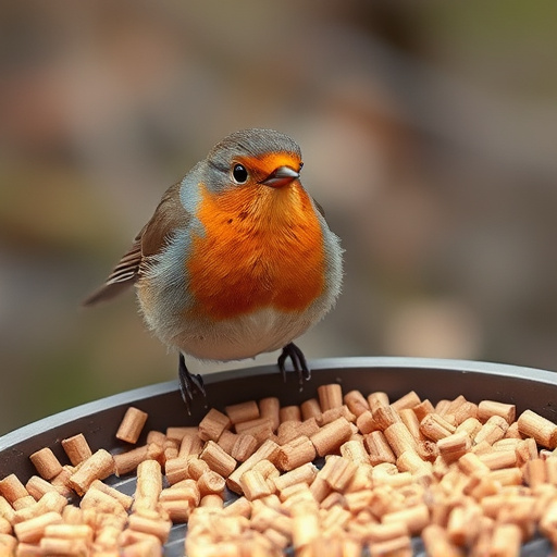 Robin near tray of suet pellets