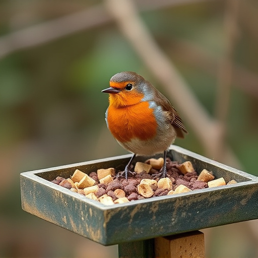 Robin near tray of suet pellets