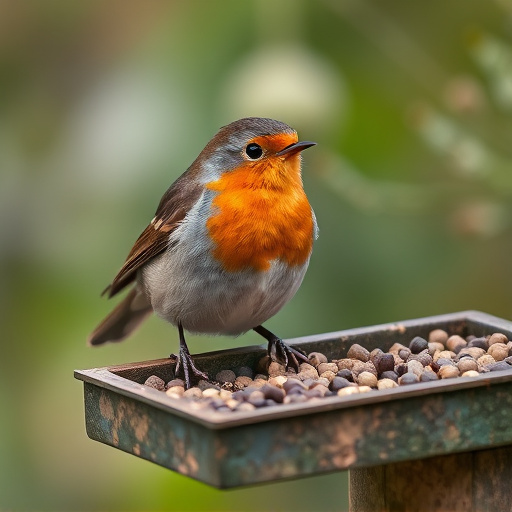Robin near tray of suet pellets