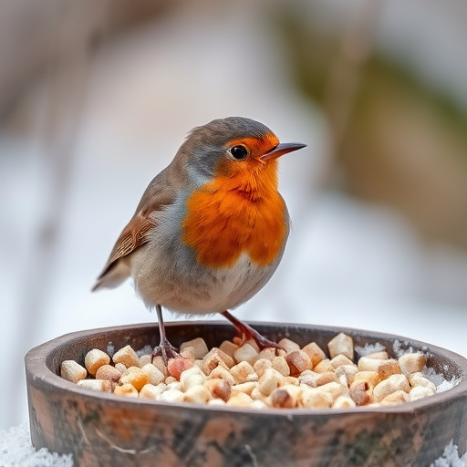 Robin near tray of suet pellets