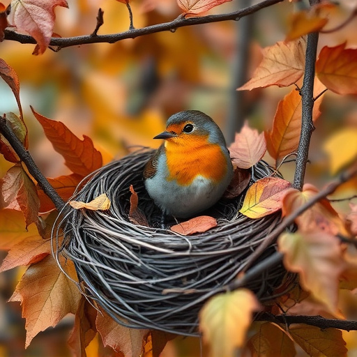 Robin nest hidden in autumn leaves