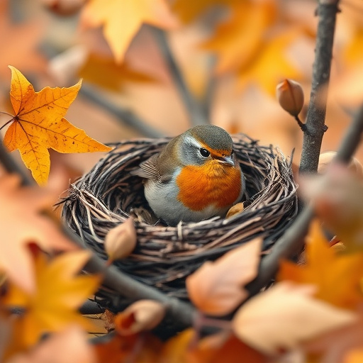 Robin nest hidden in autumn leaves