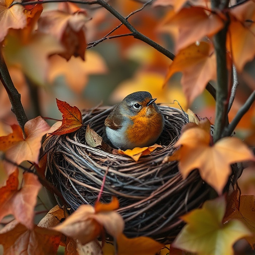 Robin nest hidden in autumn leaves