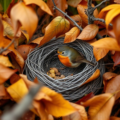 Robin nest hidden in autumn leaves