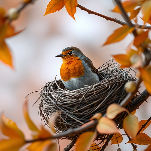 Robin nest hidden in autumn leaves